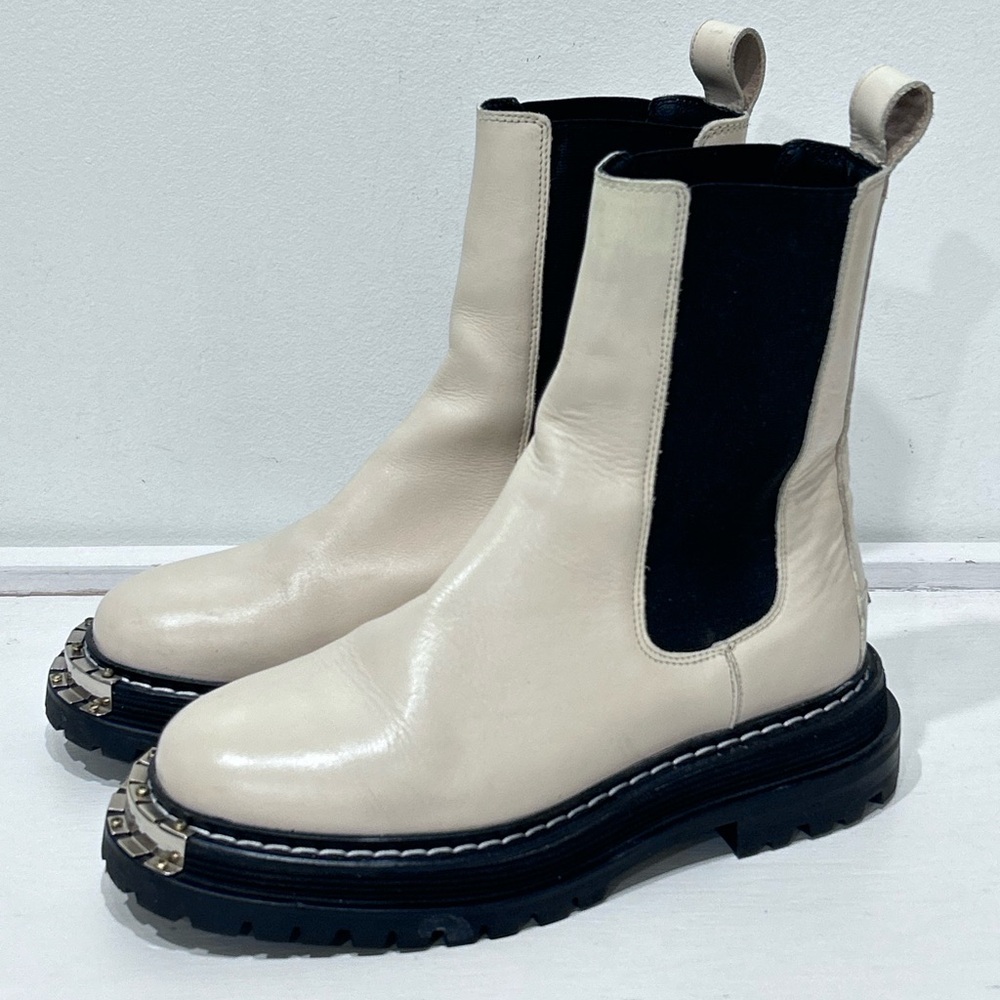 Sandro Paris Liam Chelsea Cream‎ Leather Boots Lug Sole Studded Size 37 / US 7